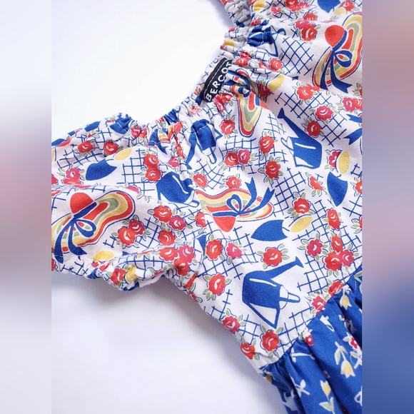 Vintage Bercot Garden Girls Puffed Sleeve Dress Size 5 Red Blue Floral Cotton - Picture 3 of 11